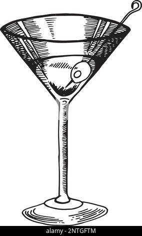 Martini-Glas mit Oliven. Handgezeichneter Alkohol-Cocktail, Vektorskizze. Veredelter Style Stock Vektor