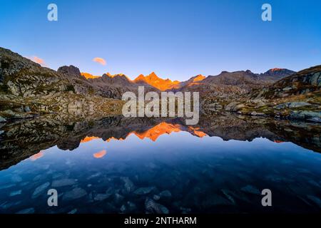 Cima Laghetto und Cima di Cornisello, beleuchtet von den ersten Sonnenstrahlen des Tages, reflektiert im Lago Nero-See bei Sonnenaufgang. Stockfoto