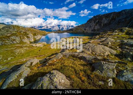 Der Lago Nero-See liegt auf einem Hochplateau, umgeben von Felsen und Weiden, die wichtigste Auswahl der Brenta-Dolomiten in der Ferne. Stockfoto