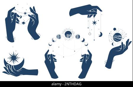 Magie, Zauberei und Astrologie, Tarot-Wahrsagerei, Frauenhände, die magische Zaubersprüche mit Mond und Sternen vollbringen, Zauberei, Vektor Stock Vektor