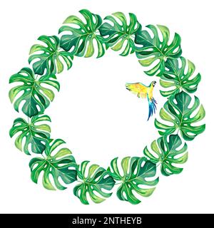 Ein Kranz aus Monstera und Ara. Ein tropischer Kranz. Aquarelldarstellung auf einem isolierten Hintergrund. Tropische Vögel. Exotische Vögel. Stockfoto