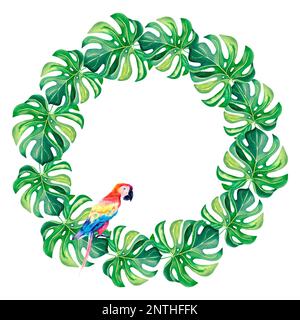 Ein Kranz aus Monstera und Ara. Ein tropischer Kranz. Aquarelldarstellung auf einem isolierten Hintergrund. Tropische Vögel. Exotische Vögel Stockfoto