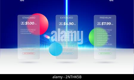 Transparente Glastafeln mit verschwommenen Kreisen auf dem Hintergrund auf einem weißen Regal mit blauem Lichtstrahl auf dem Hintergrund. Trendiger Glasmorphismus Stock Vektor