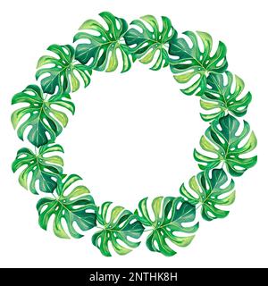 Ein Kranz aus Monstera. Ein tropischer Kranz. Aquarelldarstellung auf einem isolierten Hintergrund. Tropische Vögel. Exotische Vögel Stockfoto