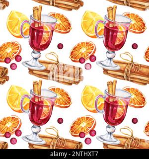 Wasserfarbenes nahtloses Muster mit einem Glas Glühwein und Zutaten, handgezeichnete Skizze, Illustration eines Getränks auf weißem Hintergrund. Drucken für Fabr Stockfoto