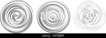 Konzentrische Halbtonkreise festgelegt. Kollektion mit gepunkteten Ringen. Epicentre, Ziel, Radarsymbol-Konzept. Schallwelle, Radialsignal, Vibration oder Wasserelemente. Vektor Stock Vektor