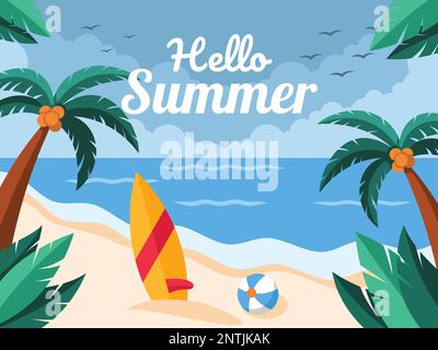 Poster Illustration von Hello Summer Beach mit Surfbrett und Strandball. Hintergrund Für Flachvektordarstellung Querformat. Stock Vektor