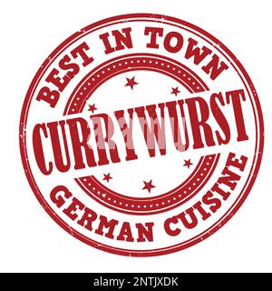 Currywurst-Grunge-Gummistempel auf weißem Hintergrund, Vektordarstellung Stock Vektor