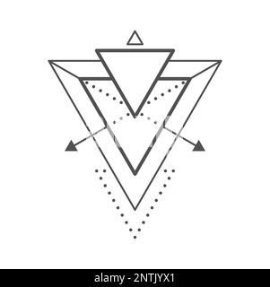 Geometrisches Boho-Tattoo. Hipster abstraktes Liniensymbol, mystisches Dreieck einfaches Vektorornament oder heiliges Geometriezeichen. Okkulte Alchemie, magisches geometrisches Umriss-Tattoo Stock Vektor