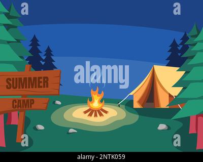 Darstellung von Camping und Zelt mit Lagerfeuer bei Nacht im Waldkonzept. Abbildung eines flachen Vektors. Stock Vektor