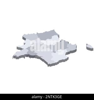 Politische Karte Frankreichs der Verwaltungsabteilungen - Regionen. Isometrische 3D-Leervektorzuordnung in Grauschattierungen. Stock Vektor