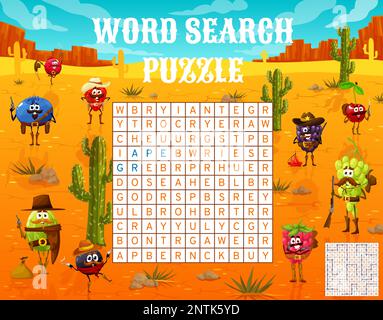 Wortsuchrätsel, Wild-West-Ranger, Cowboy- und Bandit-Beeren-Figuren, Vektor-Quiz-Spiel. Kinder suchen nach Wörtern im Grid-Arbeitsblatt mit Cartoon Western Blackberry Cowboy, Strawberry Sheriff und Cherry Ranger Stock Vektor