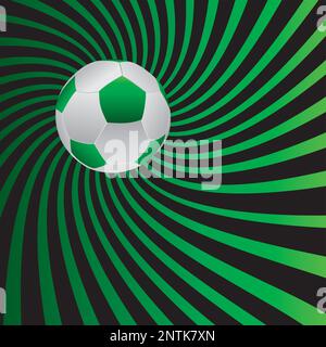 Fußballsymbol auf gestreiftem schwarzem Hintergrund. Grüne Strahlen Stock Vektor