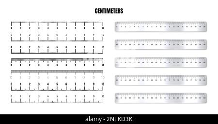 Realistische Metalllineale mit schwarzer Zentimeterskala zur Messung von Länge oder Höhe. Verschiedene Messskalen mit Teilungen. Lineal, Maßband Stock Vektor