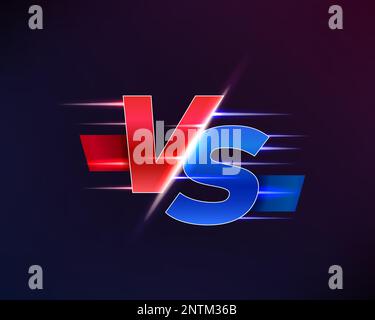 Vs oder versus-Zeichen, Vektorspiel- oder Sportkonfrontationssymbol, rot und blau leuchtende Buchstaben auf dunkelblauem Hintergrund. Sport, Kampf- oder Kampfwettbewerb, Kampfsportlogo Stock Vektor