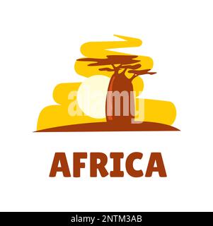 Die Ikone Afrikas Adansonia baobab-Savannah-Baumsilhouette bei Sonnenuntergang. Afrika Natur, afrikanischer Kontinent Flora und Tierwelt oder Tansania Reise Vektor Emblem. Symbol oder Symbol für die nigerianische Tourismusreise Stock Vektor