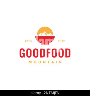 Schüssel warmes Essen Nudelsuppe Berg kalter Sonnenuntergang Logo-Design Vektorsymbol-Illustration Stock Vektor