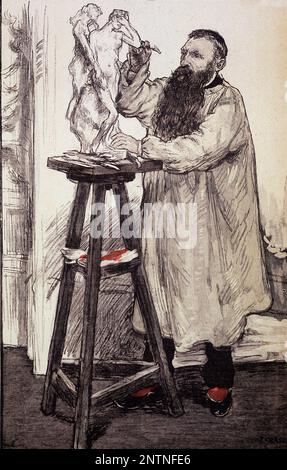 Auguste Rodin Sculptant - Illustration de Jean-Francois Raffaëlli (1850-1924) Stockfoto
