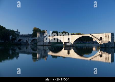 Frankreich, Avignon, die Saint-Benezet-Brücke, auch bekannt als Pont d'Avignon, vom Ufer der Rhone. Stockfoto