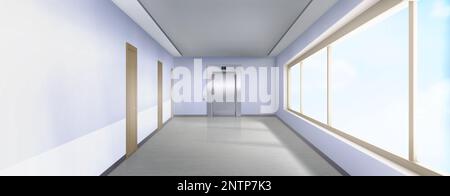 Krankenhaus- oder Büroflur mit Aufzugtüren und -Fenstern aus Metall. Leerer, moderner Flur mit blauen Wänden, geschlossenen Türen und Stahlschleusen, Vektor-realistische Illustration Stock Vektor
