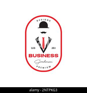 Alter Mann Schnurrbart Business Anzug Krawatte und Hut Abzeichen Vintage Logo Design Vektorsymbol Illustration Stock Vektor