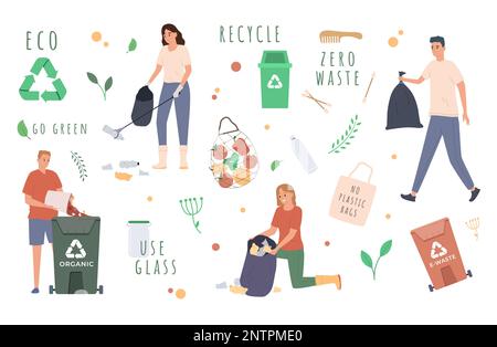 Konzept der Abfallvermeidung, bei dem Menschen Müll sortieren, Vektordarstellung mit flachem Hintergrund Stock Vektor