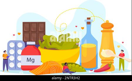 Flat magnesium foods composition with nutrient natural sources and supplement pills vector illustration Stock Vektor