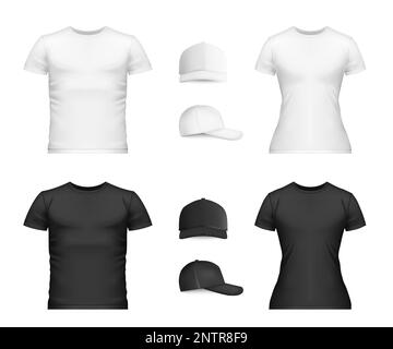 Realistisches T-Shirt Baseball Mütze Mockup Icon Set weiße und schwarze Shirts und Kappen für Herren und Damen Vektordarstellung Stock Vektor