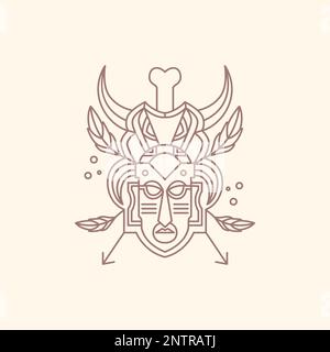 Maske Stammkultur Holz Wald Natur hinterlässt Knochen Hornpfeile Linie minimales Logo Design Vektor Stock Vektor