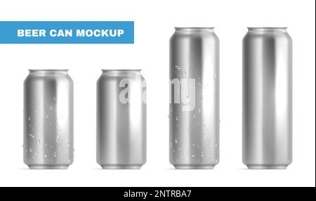 Eine realistische Bierdose bildet ein Symbol, silberne Aluminiumdosen mit Kondensattröpfchen auf ihnen zu setzen. Vektordarstellung Stock Vektor