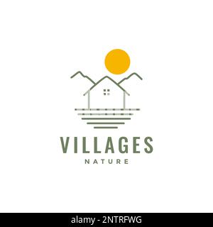 Dorfhaus Sunset Field Mountain Relax Line minimales Logo Design Vektor Stock Vektor