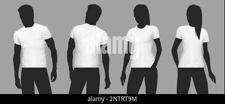 Realistisches T-Shirt Modell Silhouette Icon Set weiße T-Shirts getragen von männlichen und weiblichen Modellen Vektordarstellung Stock Vektor