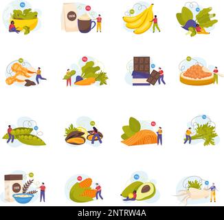 Healthy high magnesium foods flat icons set with tiny human characters isolated vector illustration Stock Vektor