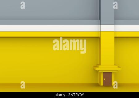 Vorderansicht an einer leeren gelben, grauen Metallwand mit Platz für Ihr Poster oder Werbebanner in abstrakter, dunkler, leerer Halle mit Tür. 3D-Rendering, Modell Stockfoto
