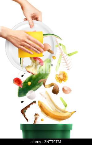 Vergeudung von Lebensmitteln realistische Zusammensetzung mit einem Satz Lebensmittelreste, die aus der Platte in den Behälter geschwemmt werden. Vektordarstellung Stock Vektor