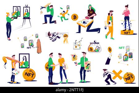 NFT-Token Kryptowährung flacher Symbolsatz Kauf und Verkauf von Token für Bilder und Gemälde Vektordarstellung Stock Vektor