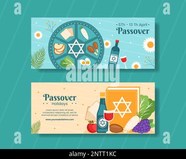 Happy Passover Jüdischer Feiertag Horizontales Banner Flacher Cartoon Handgezeichnete Vorlagen Hintergrundillustration Stock Vektor