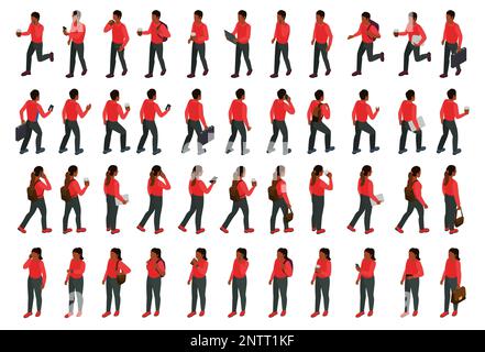 Wandelnde Schwarze isometrische große Gruppe von männlichen und weiblichen Figuren in roten Kleidern isolierte Vektordarstellung Stock Vektor