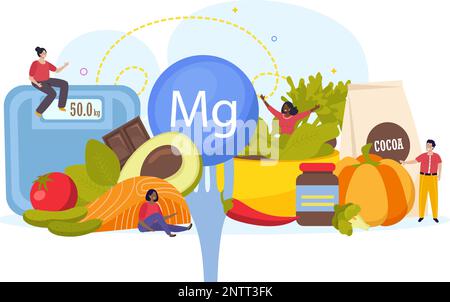High in magnesium foods composition in flat style with human characters and scales vector illustration Stock Vektor