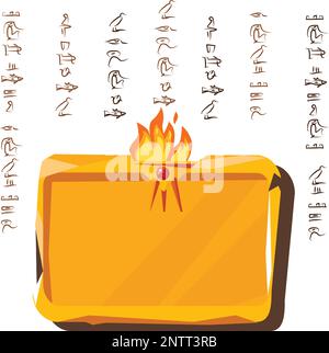 Steinbrett oder Tontafel mit Opferfeuer-Symbol und ägyptischer Hieroglyphen-Cartoon-Vektordarstellung. Altes Objekt zum Aufzeichnen von Informationen, grafische Benutzeroberfläche für Spieldesign Stock Vektor