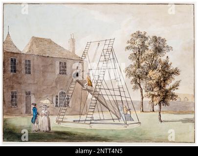 Sir William Herschel (1738-1822), der sein großes Teleskop George III (1738-1820) 1782 in Slough ausstellte, gemalt in Aquarell von John Inigo Richards, ca. 1782 Stockfoto