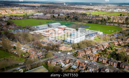 Hull University Campus ariel Drone Blick auf Gebäude und Stadtlandschaft. Stockfoto