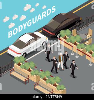 Leibwächter isometrischer Hintergrund mit einer Gruppe von Männern in schwarzen Anzügen, die Geschäftsmann-Vektorgrafiken begleiten Stock Vektor