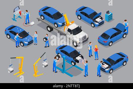 Isometrische Symbole für den Fahrzeugservice Satz von Abschleppwagen mit defekten Autoarbeitern und Werkstattausrüstung für die Vektordarstellung der Reparatur Stock Vektor