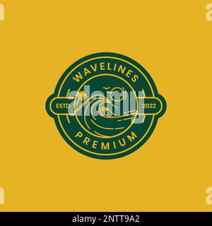 ozean Meerwasser Wellenküste Nachmittag Sonnenuntergang Vogelkolonie Linie Art Abzeichen Vintage Logo Design Vektor Symbol Illustration Stock Vektor