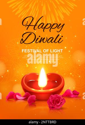 Realistisches Diwali-Poster mit traditioneller Lampe und Blumen-Vektordarstellung Stock Vektor