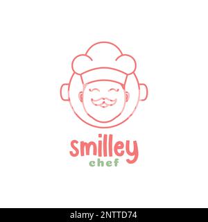 Süßes Maskottchen Chefkoch lächeln Schnurrbart Mütze Pan Line Art minimalistisches Logo-Design Vektor Stock Vektor