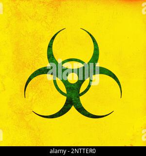 Schild für biologische Gefahrenstoffe, grün auf gelb. Biologisches Bedrohungszeichen, Grunge-Struktur Stockfoto
