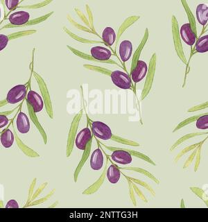 Wasserfarbenes, nahtloses Muster mit schwarzen Oliven Baumzweige. Handgezeichnete Illustration. Design zur Dekoration von Kosmetika, Lebensmittelverpackungen, Speisekarten. Stockfoto