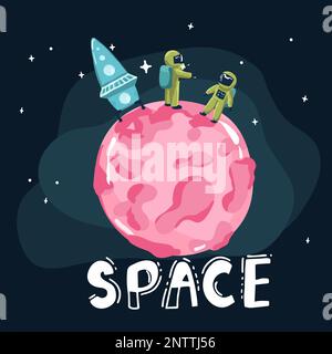 Cartoon-Weltraumhintergründe. Vorlagen für Flyer, Banner, Karten, Deckblätter, Rahmen, Poster. Vector-Kinderbild. Die Rakete fliegt in die Tiefe Stock Vektor